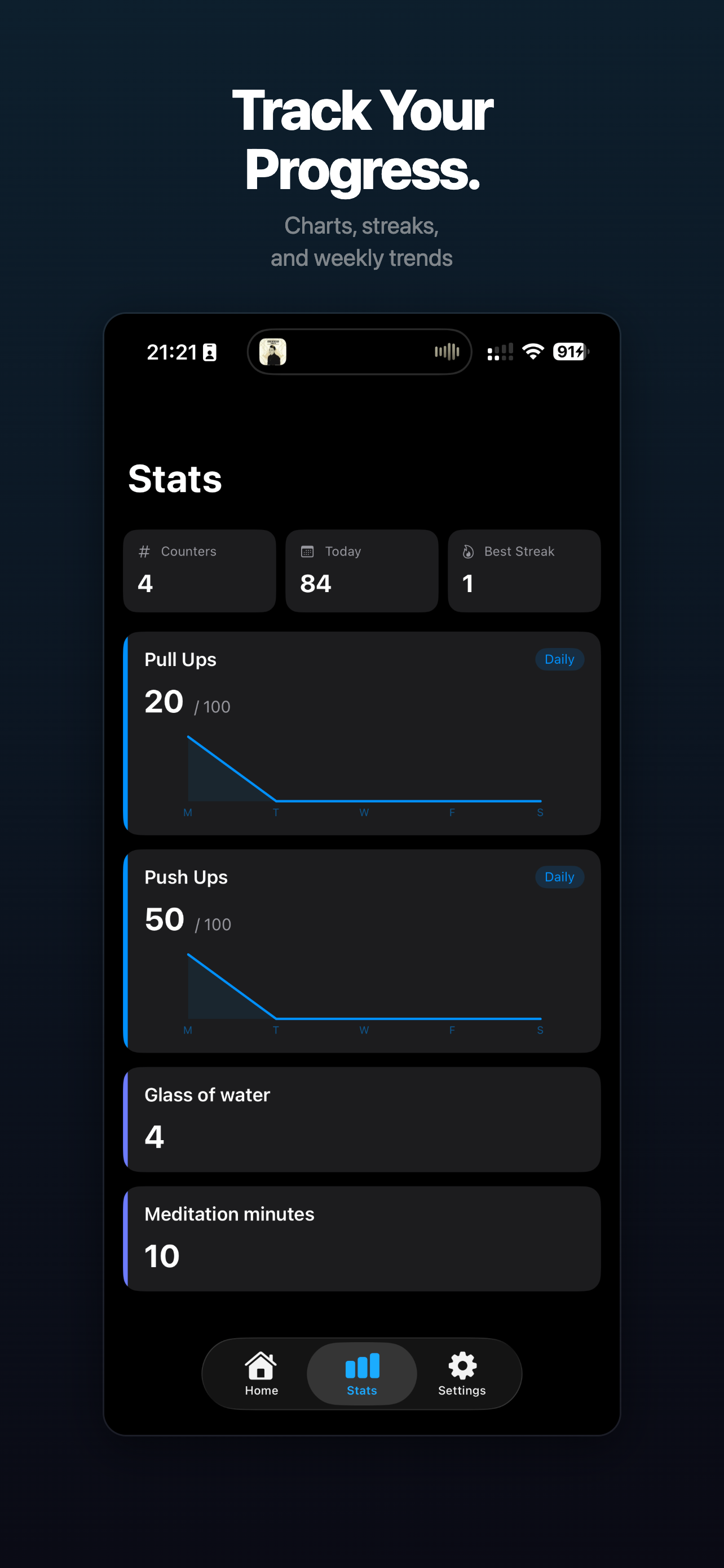 countr app showing goal progress and streak tracking